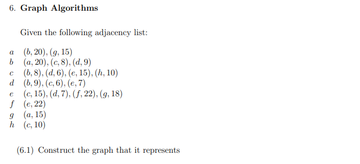 6. Graph Algorithms
Given the following adjacency list:
a
(b, 20),(g, 15)
b (a, 20), (c, 8), (d, 9)
C
d
e
ƒ
(b, 8), (d, 6), (e, 15), (h, 10)
(b, 9), (c, 6), (e, 7)
(c, 15), (d, 7), (f, 22), (g, 18)
(e, 22)
g (a, 15)
h
(c, 10)
(6.1) Construct the graph that it represents