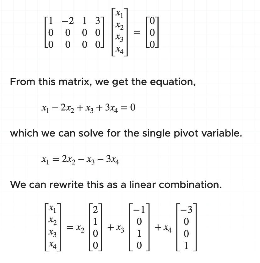 1
0
LO
-2 1 37
0
00
0 0 0]
X1
x2
x3
XA
From this matrix, we get the equation,
x₁ - 2x₂ + x3 + 3x4 = 0
which we can solve for the single pivot variable.
x₁ = 2x2-x3-3x4
x1
We can rewrite this as a linear combination.
[]
0
= x₂
x2
x3
2
1
0
0
X4
+x3
+ x4
0
0