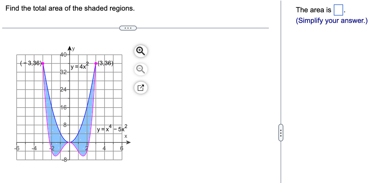 Find the total area of the shaded regions.
(-3,36)
-6
-4
404
32-
24-
16-
8-
y=4x
(3,36)
y=x 5x
X
4
6
C
The area is
(Simplify your answer.)