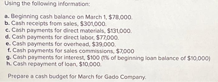 Using the following information:
a. Beginning cash balance on March 1, $78,000.
b. Cash receipts from sales, $301,000.
c. Cash payments for direct materials, $131,000.
d. Cash payments for direct labor, $77,000.
e. Cash payments for overhead, $39,000.
f. Cash payments for sales commissions, $7,000
g. Cash payments for interest, $100 (1% of beginning loan balance of $10,000)
h. Cash repayment of loan, $10,000.
Prepare a cash budget for March for Gado Company.