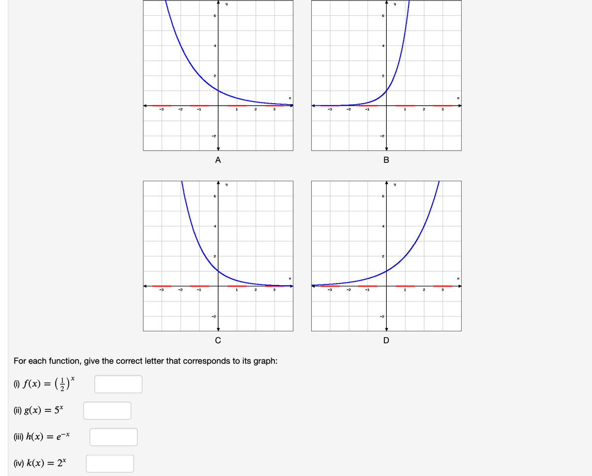 y
6
-3
-2
-1
1
2
3
-2
A
6
-4
-3
-2
-1
1
2
3
-2
-2
C
For each function, give the correct letter that corresponds to its graph:
() F(x) = (;)*
(ii) g(x) = 5*
(iii) h(x) =
= e-x
(iv) k(x) = 2*
