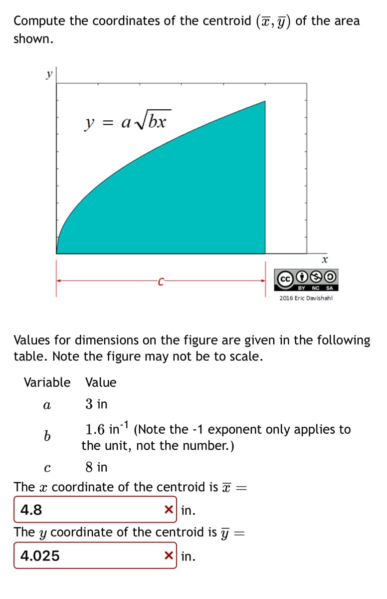 Compute the coordinates of the centroid (x, y) of the area
shown.
y = a√√√bx
x
BY NC SA
2016 Eric Davishahl
Values for dimensions on the figure are given in the following
table. Note the figure may not be to scale.
Variable
a
Value
3 in
1.6 in (Note the -1 exponent only applies to
the unit, not the number.)
с
8 in
The x coordinate of the centroid is x =
4.8
☑ in.
The y coordinate of the centroid is y =
4.025
☑ in.