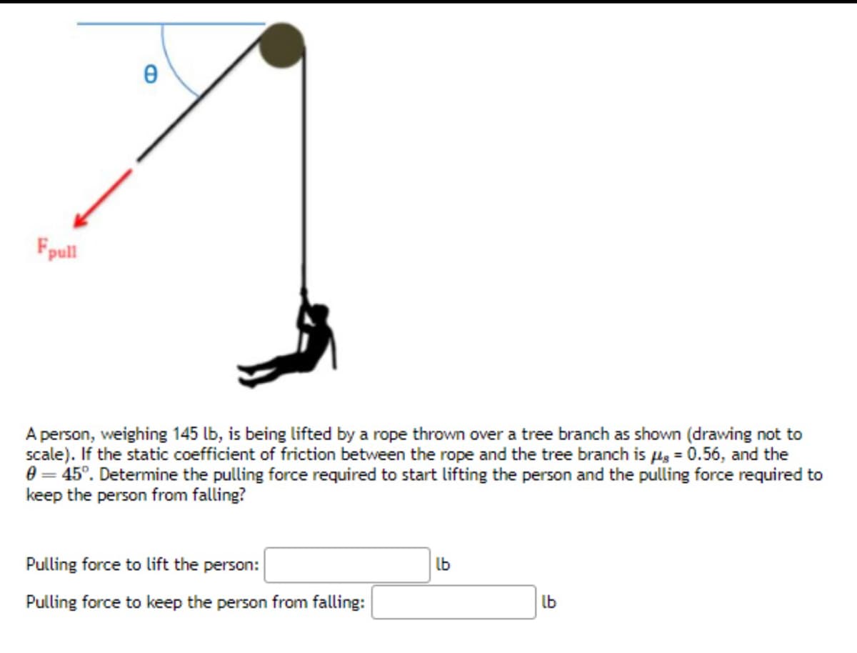 Fpull
Ө
A person, weighing 145 lb, is being lifted by a rope thrown over a tree branch as shown (drawing not to
scale). If the static coefficient of friction between the rope and the tree branch is g = 0.56, and the
0 = 45°. Determine the pulling force required to start lifting the person and the pulling force required to
keep the person from falling?
Pulling force to lift the person:
Pulling force to keep the person from falling:
lb
lb