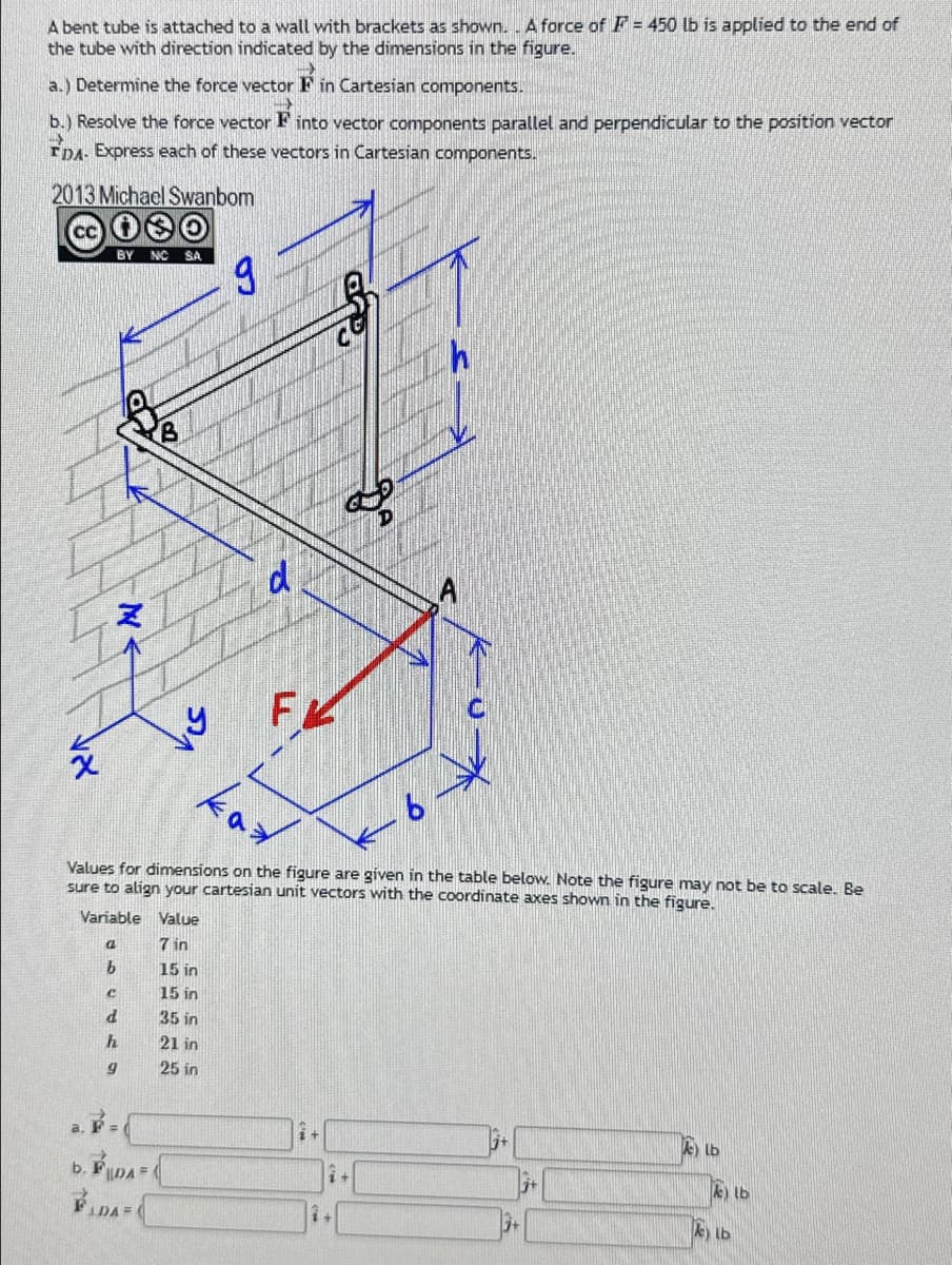 A bent tube is attached to a wall with brackets as shown. A force of F= 450 lb is applied to the end of
the tube with direction indicated by the dimensions in the figure.
a.) Determine the force vector Fin Cartesian components.
->
b.) Resolve the force vector F into vector components parallel and perpendicular to the position vector
#
TDA- Express each of these vectors in Cartesian components.
2013 Michael Swanbom
XA
BY NC SA
a.
a
b
C
d
h
9
CS
каэ
Values for dimensions on the figure are given in the table below. Note the figure may not be to scale. Be
sure to align your cartesian unit vectors with the coordinate axes shown in the figure.
Variable Value
7 in
15 in
15 in
35 in
21 in
25 in
b. PDA =
LDA=
9
FK
D
24
i+
2+
j+
lb
k) lb
k) lb