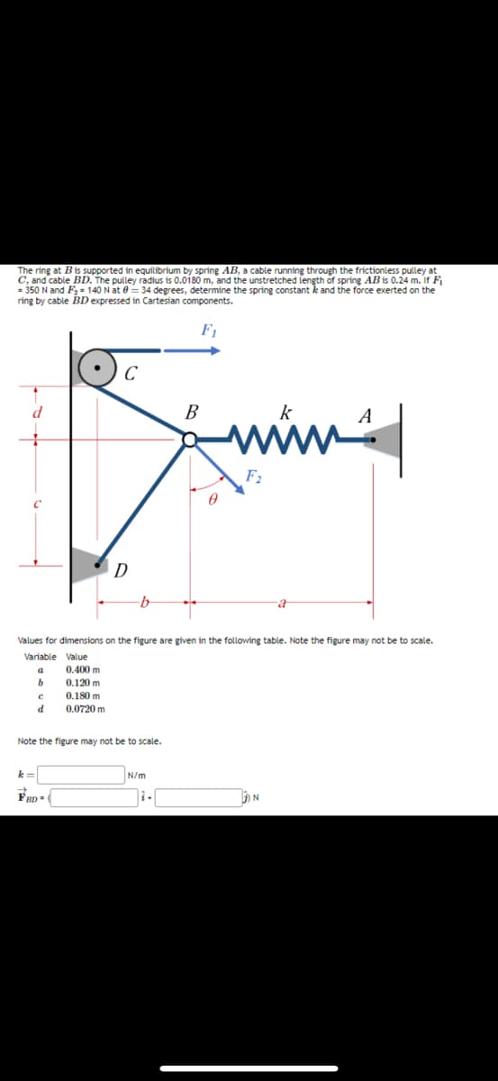 The ring at B is supported in equilibrium by spring AB, a cable running through the frictionless pulley at
C, and cable BD. The pulley radius is 0.0180 m, and the unstretched length of spring AB is 0.24 m. If F₁
- 350 N and F₂= 140 N at 0-34 degrees, determine the spring constant & and the force exerted on the
ring by cable BD expressed in Cartesian components.
F₁
d
C
B
k
Jimbonid
F2
0
k=
FBD-
D
Values for dimensions on the figure are given in the following table. Note the figure may not be to scale.
Variable Value
a
0.400 m
b
0.120 m
0.180 m
0.0720 m
Note the figure may not be to scale.
N/m
i.
A
N