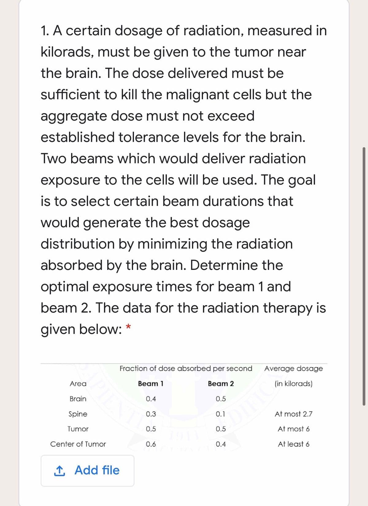 1. A certain dosage of radiation, measured in
kilorads, must be given to the tumor near
the brain. The dose delivered must be
sufficient to kill the malignant cells but the
aggregate dose must not exceed
established tolerance levels for the brain.
Two beams which would deliver radiation
exposure to the cells will be used. The goal
is to select certain beam durations that
would generate the best dosage
distribution by minimizing the radiation
absorbed by the brain. Determine the
optimal exposure times for beam 1 and
beam 2. The data for the radiation therapy is
given below:
Fraction of dose absorbed per second
Average dosage
Area
Beam 1
Beam 2
(in kilorads)
Brain
0.4
0.5
Spine
0.3
0.1
At most 2.7
Tumor
0.5
0.5
At most 6
Center of Tumor
0.6
0.4
At least 6
1 Add file
