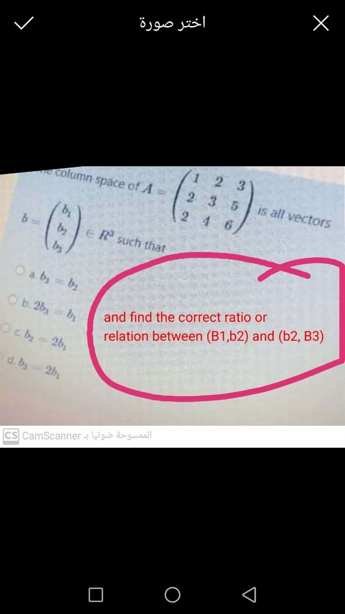 اختر صورة
2 3
ecolumn space of A
is all vectors
4.
6.
by
ER such that
by
O a. by by
Ob. 2by b
and find the correct ratio or
relation between (B1,b2) and (b2, B3)
Oc by 2b,
d. by 2b
CS CamScanner - igó ä> guuaall
O O
124
