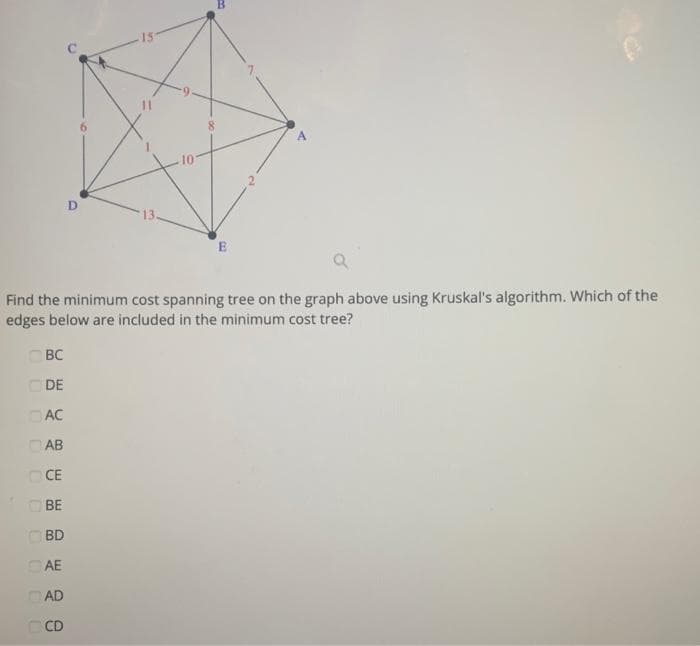 6.
D
13.
E
Find the minimum cost spanning tree on the graph above using Kruskal's algorithm. Which of the
edges below are included in the minimum cost tree?
OBC
DE
AC
AB
CE
BE
BD
CAE
AD
CD
O O O OOO
