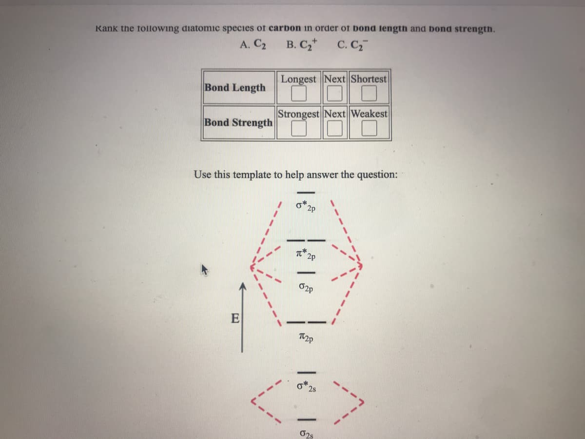 Rank the following diatomic species of carbon in order of bond length and bond strength.
В. С
A. C2
C. C,
Longest Next Shortest
Bond Length
Strongest Next Weakest
Bond Strength
Use this template to help answer the question:
2p
2P
E
O2s
