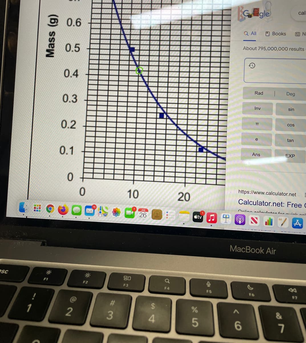 cal
gle
O 0.6
Q All
O Books
About 795,000,000 results
0.5
0.4
Rad
Deg
0.3
Inv
sin
TT
cos
0.2
e
tan
0.1
Ans
EXP
https://www.calculator.net
10
20
Calculator.net: Free C
Online aaleulete- for auinlk aol
www
JAN
26
étv
MacBook Air
esc
80
F1
F2
F3
F4
F5
F6
87
%23
1
&
3
4
Mass (g)
5
