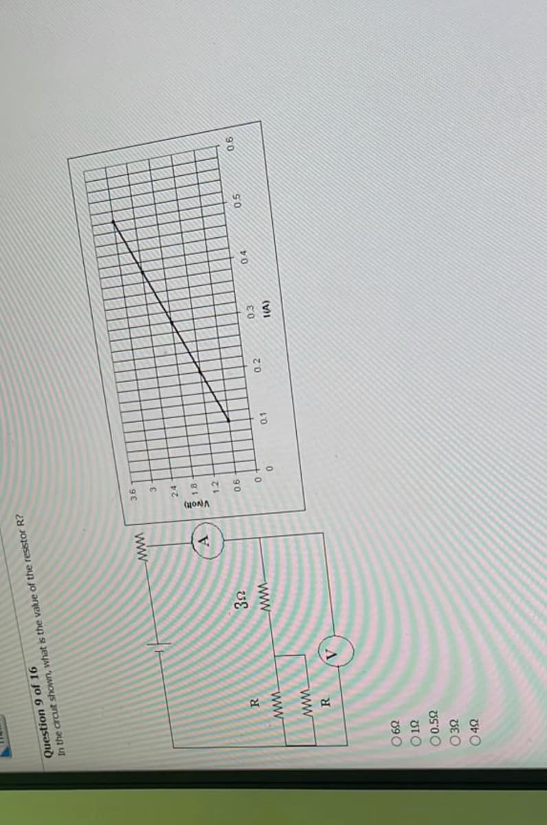 Question 9 of 16
In the circuit shown, what is the value of the resistor R?
R
www.
www.
R
0692
0 19
00.59
0392
0492
352
www.
-ww
A
3.6
3
V(volt)
24
18
1.2
0.6
0
0
0.1
0.2
0.3
I(A)
PAAN
AN
Joy
WOWA
0.4
0.5
MAL
0.6