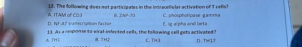 12. The following does not participates in the intracellular activation of T cells?
A. ITAM of CD3
B. ZAP-70
C. phospholipase gamma
D. NF-AT transcription factor
E. Ig alpha and beta
13. As a response to viral-infected cells, the following cell gets activated?
B. TH2
C. TH3
A. TH1
D. TH17