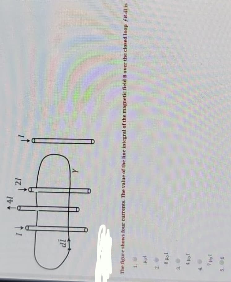 The figure shows four currents. The value of the line integral of the magnetic ficld B over the closed loop B.dl is
1°ri 8
