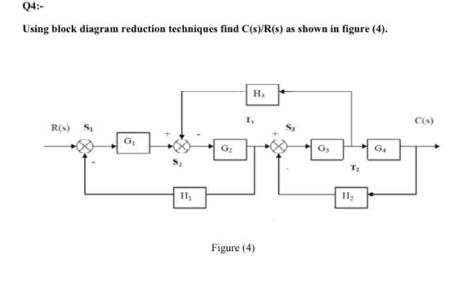 Q4:-
Using block diagram reduction techniques find C(s)/R(s) as shown in figure (4).
ထို
R(s) St
G₁
G
,
Figure (4)
H
G,
II,
C(s)