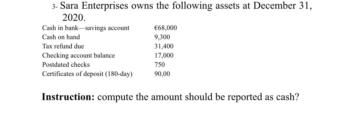 3- Sara Enterprises owns the following assets at December 31,
2020.
Cash in bank-savings account
€68,000
Cash on hand
9,300
Tax refund due
31,400
Checking account balance
17,000
Postdated checks
750
Certificates of deposit (180-day)
90,00
Instruction: compute the amount should be reported as cash?
