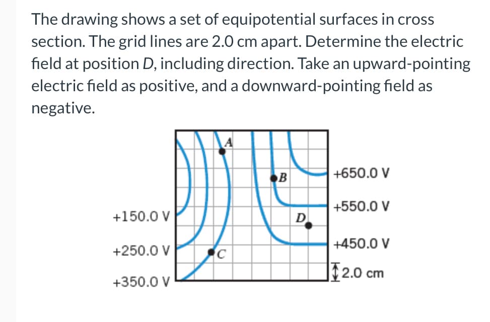 The drawing shows a set of equipotential surfaces in cross
section. The grid lines are 2.0 cm apart. Determine the electric
field at position D, including direction. Take an upward-pointing
electric field as positive, and a downward-pointing field as
negative.
B
+650.0 V
+550.0 V
+150.0 V
D
+450.0 V
+250.0 V
|[ 2.0 cm
+350.0 V
