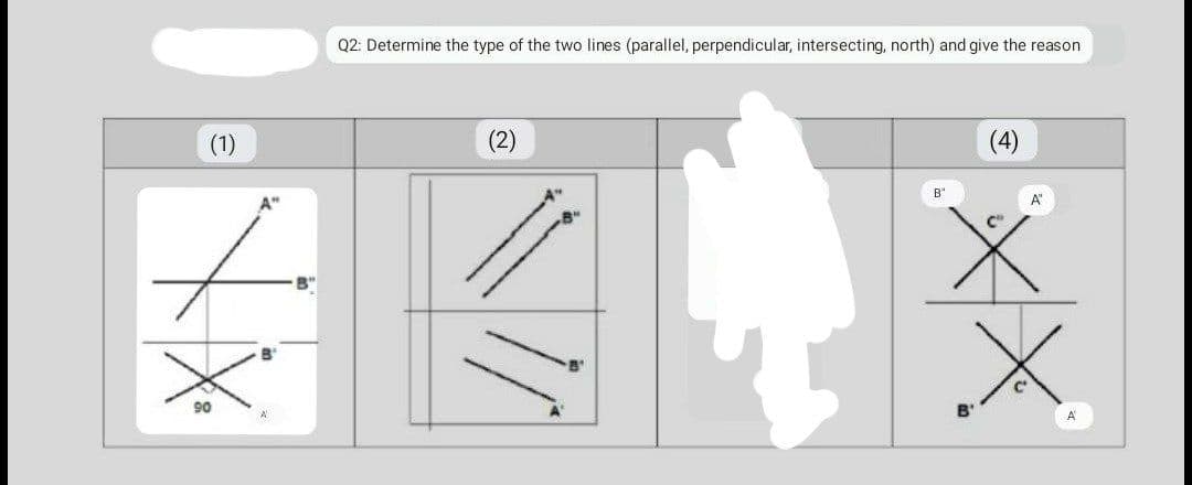 Q2: Determine the type of the two lines (parallel, perpendicular, intersecting, north) and give the reason
(1)
(2)
(4)
B'
to
A'
B"
C"
90
B'
A
