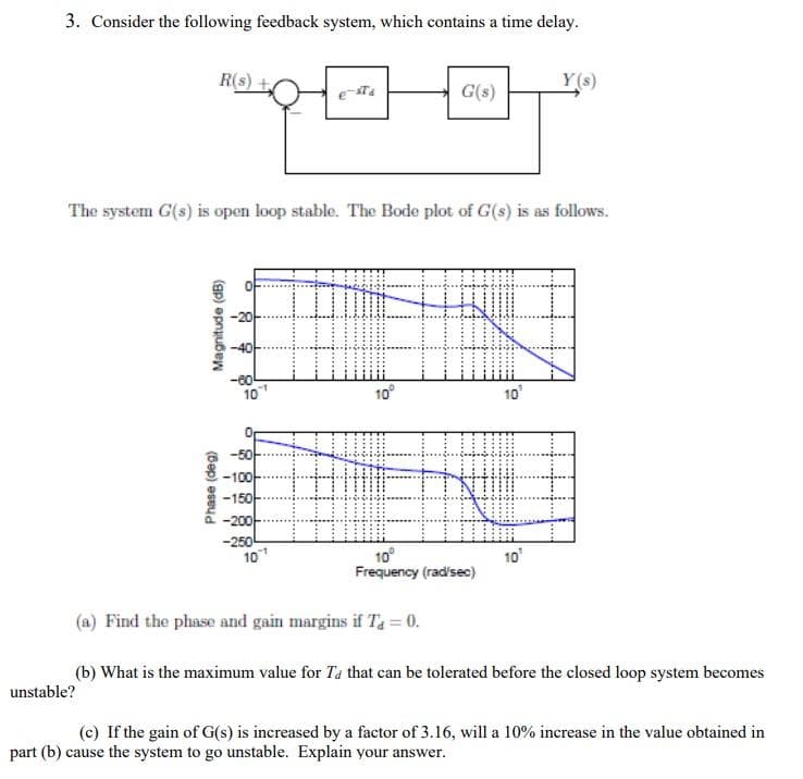 3. Consider the following feedback system, which contains a time delay.
R(s) +
Y (s)
G(s)
The system G(s) is open loop stable. The Bode plot of G(s) is as follows.
-20-
-40-
-0-
10
10°
10'
-100-
-150-
-200-
-250
10
10°
Frequency (rad'sec)
10'
(a) Find the phase and gain margins if Ta = 0.
(b) What is the maximum value for Ta that can be tolerated before the closed loop system becomes
unstable?
(c) If the gain of G(s) is increased by a factor of 3.16, will a 10% increase in the value obtained in
part (b) cause the system to go unstable. Explain your answer.
(Bep) eseud
Magnitude (dB)
