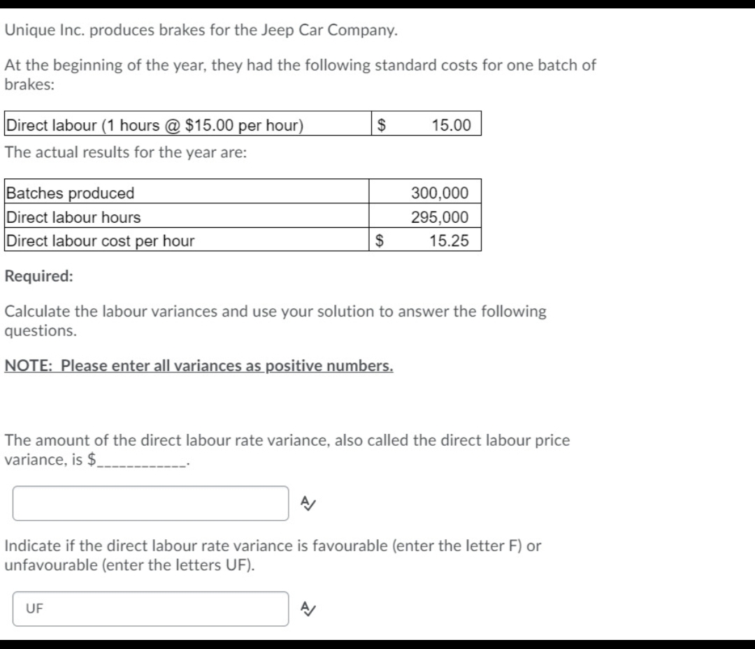 Unique Inc. produces brakes for the Jeep Car Company.
At the beginning of the year, they had the following standard costs for one batch of
brakes:
Direct labour (1 hours @ $15.00 per hour)
$
15.00
The actual results for the year are:
Batches produced
Direct labour hours
Direct labour cost per hour
300,000
295,000
$
15.25
Required:
Calculate the labour variances and use your solution to answer the following
questions.
NOTE: Please enter all variances as positive numbers.
The amount of the direct labour rate variance, also called the direct labour price
variance, is $
Indicate if the direct labour rate variance is favourable (enter the letter F) or
unfavourable (enter the letters UF).
UF
Α