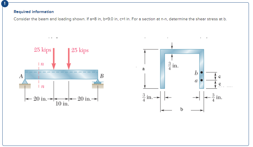 Required information
Consider the beam and loading shown. If a=8 in, b=9.0 in, c=1 in. For a section at n-n, determine the shear stress at b.
A
25 kips
20 in.-
10 in.
25 kips
- 20 in.-
B
a
+6
i in..
in.
b
b
a
с
in.