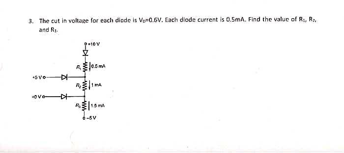 3. The cut in voltage for each diode is Vo=0.6V. Each diode current is 0.5mA. Find the value of R1, R₂,
and R₁.
+5Vo
+OVO-
-DI-
-
p+10 V
Z
0.5 mA
1 MA
₁1.5mA
0-5V