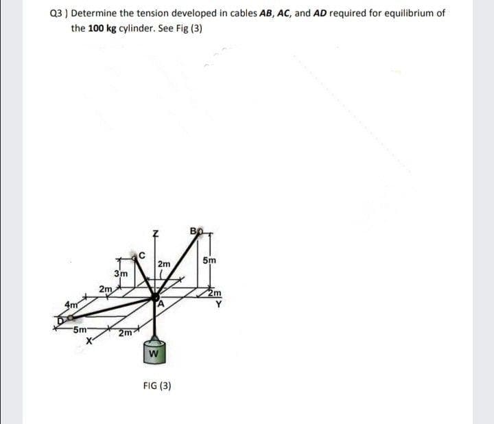 Q3 ) Determine the tension developed in cables AB, AC, and AD required for equilibrium of
the 100 kg cylinder. See Fig (3)
2m
5m
3m
2m
4m
-5m
2m
FIG (3)
