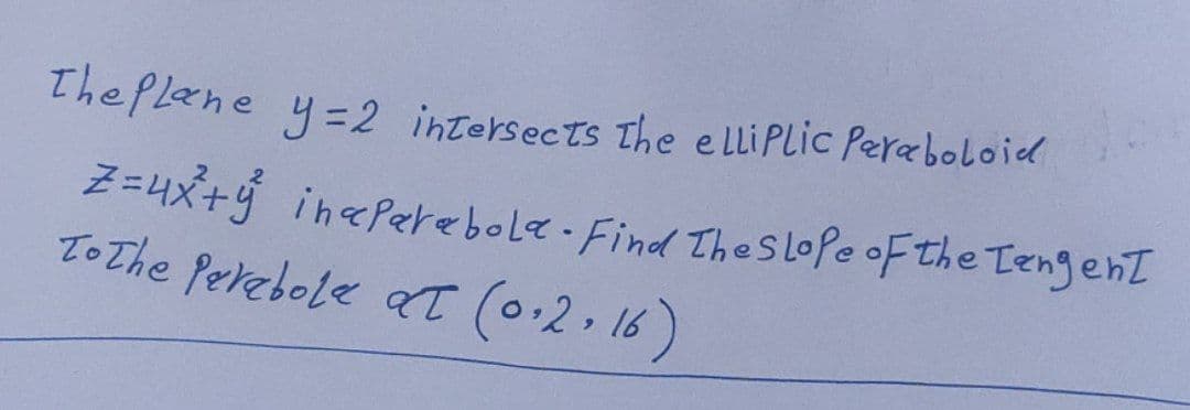 The Plane y=2 intersects The elliPlic Peraboloid
inePerebole- Find ThesLoPe oF the Tengent
at (0.2. 16)
Z=4X+g
Z=リメ+ダ
To The Perebole
