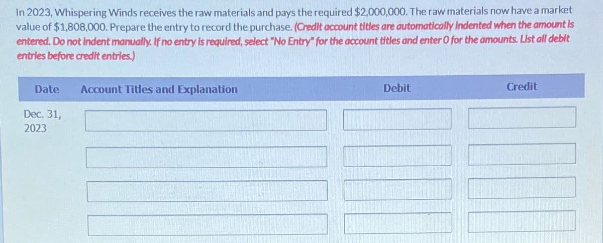 In 2023, Whispering Winds receives the raw materials and pays the required $2,000,000. The raw materials now have a market
value of $1,808,000. Prepare the entry to record the purchase. (Credit account titles are automatically indented when the amount is
entered. Do not indent manually. If no entry is required, select "No Entry" for the account titles and enter O for the amounts. List all debit
entries before credit entries.)
Date
Dec. 31,
2023
Account Titles and Explanation
Debit
Credit