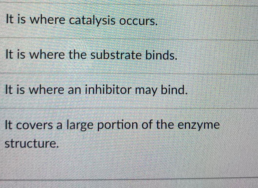 It is where catalysis occurs.
It is where the substrate binds.
It is where an inhibitor may bind.
It covers a large portion of the enzyme
structure.
