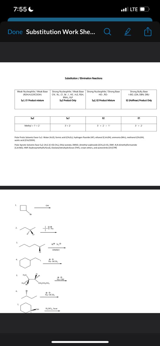 7:55
Done Substitution Work She...
Weak Nucleophile/Weak Base
(ROH,H,O,RCOOH)
Sw1, E1 Product mixture
3.
5.
Methyl > 1'>21
6.
SN2
H₂C
X
H₂C
Br
OH
OH
Strong Nucleophile/Weak Base Strong Nucleophile/Strong Base
CN, N, Cr, Br, I, HS, HIS, RSH,
HO-, RO-
RNH₂, R₂P
S2 Product Only
Polar Protic Solvents Favor S1: Water (HO), formic acid (CH-0₂), hydrogen fluoride (HF), ethanol (C,H,OH), ammonia (NH), methanol (CH,OH),
acetic acid (CHCOOH).
Polar Aprotic Solvents favor S2: (HC-(C=O)-CH), Ethyl acetate, DMSO, dimethyl sulphoxide ((CH):S=O), DMF, N,N-dimethylformamide
(CHNO), HMF (hydroxymethylfurfural), Oxolane/tetrahydrofuran (THF), crown ethers, and acetonitrile (CH,CIN)
+8%
CH₂CH₂CH₂
K® N,
DMSO
Ⓡe
Na OCH,
Substitution/Elimination Reactions
@ 0
Na OCH
Ⓡe
Na OH
SN1
H₂SO4, heat
3"> 2
S2, E2 Product Mixture
E2
3 2 1
LTE
B
Strong Bulky Base
t-BO, LDA, DBN, DBU
E2 (Hoffman) Product Only
E1
3 > 2