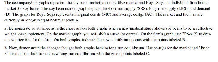 The accompanying graphs represent the soy bean market, a competitive market and Roy's Soys, an individual firm in the
market for soy beans. The soy bean market graph depicts the short-run supply (SRS), long-run supply (LRS), and demand
(D). The graph for Roy's Soys represents marginal consts (MC) and average costgs (AC). The market and the firm are
currently in long-run equilibrium at point A.
a. Demonstrate what happens in the short run on both graphs when a new medical study shows soy beans to be an effective
weight-loss supplement. On the market graph, you will shift a curve (or curves). On the firm's graph, use "Price 2" to draw
a new price line for the firm. On both graphs, indicate the new equilibrium points with the points labeled B.
b. Now, demonstrate the changes that get both graphs back to long run equilibrium. Use shift(s) for the market and "Price
3" for the firm. Indicate the new long-run equilibrium with the green points labeled C.
