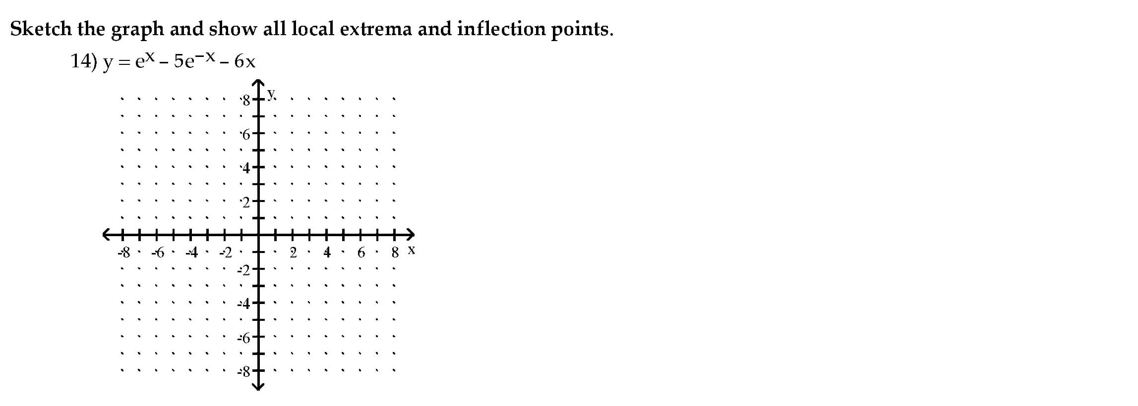 Sketch the graph and show all local extrema and inflection points.
14) y = ex – 5e-X - 6x
