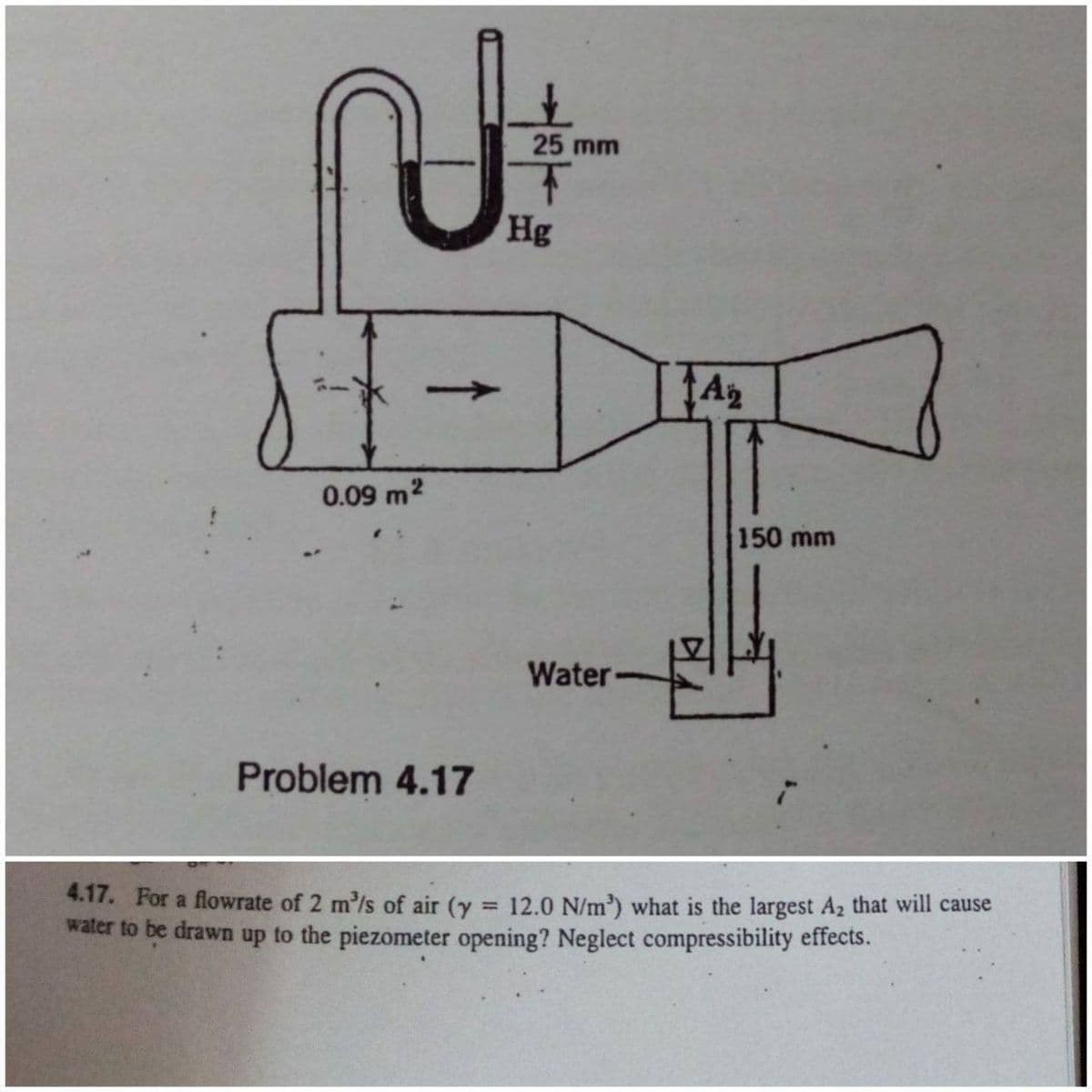 25 mm
Hg
A2
0.09 m2
150 mm
Water
Problem 4.17
4.17. For a flowrate of 2 m'/s of air (y = 12.0 N/m) what is the largest A2 that will cause
water to be drawn up to the piezometer opening? Neglect compressibility effects.
