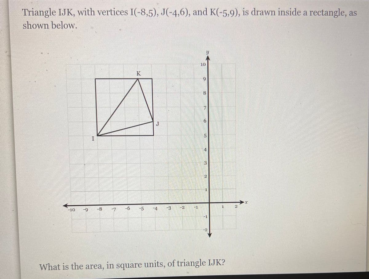 Triangle IJK, with vertices I(-8,5), J(-4,6), and K(-5,9), is drawn inside a rectangle, as
shown below.
-10
-9
I
7
-6
K
J
-5 -4
-3
N
7
10
on
IS
644
CO
Cl
www.p
M
N
1
What is the area, in square units, of triangle IJK?