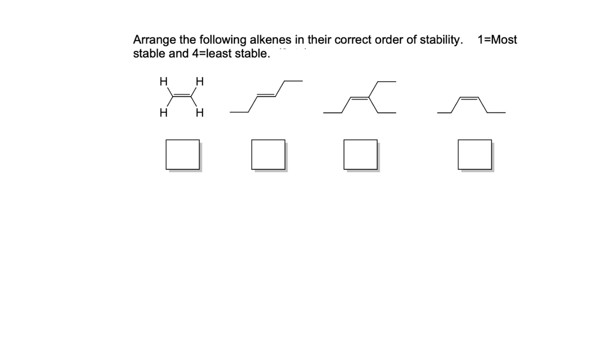 Arrange the following alkenes in their correct order of stability. 1=Most
stable and 4=least stable.
H
H
H
H
