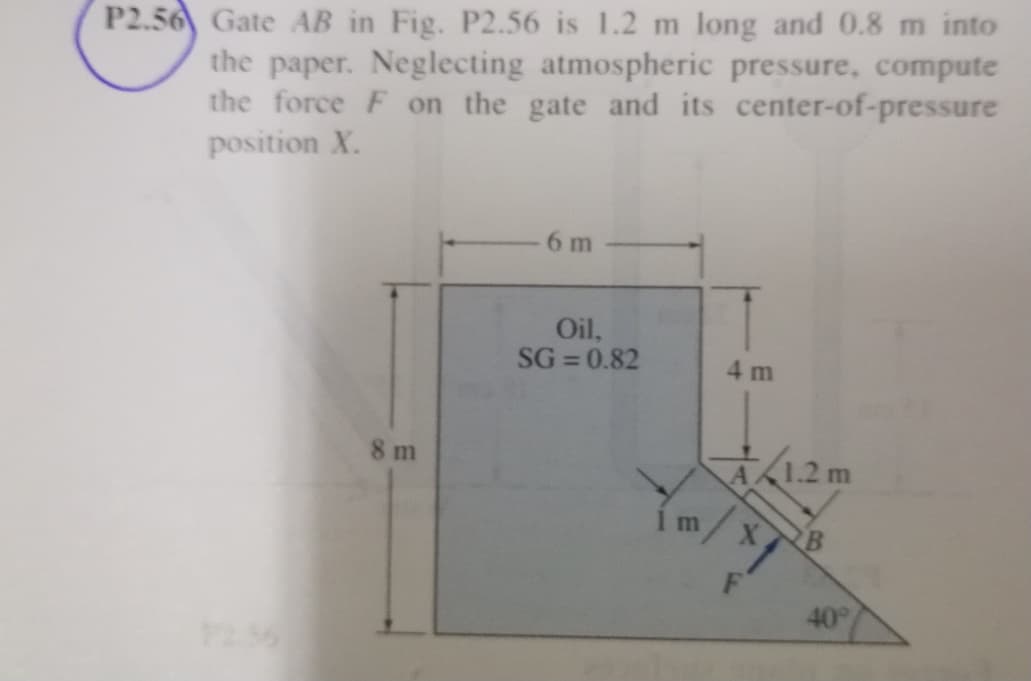 P2.56 Gate AB in Fig. P2.56 is 1.2 m long and 0.8 m into
the paper. Neglecting atmospheric pressure, compute
the force F on the gate and its center-of-pressure
position X.
6 m
Oil,
SG = 0.82
4 m
8 m
12m
A
1 m
40
