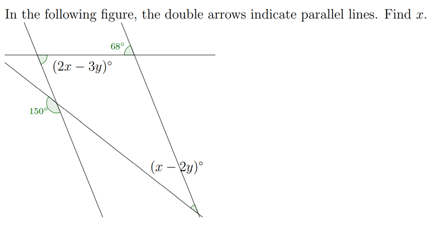 In the following figure, the double arrows indicate parallel lines. Find x.
68°
(2.x – 3y)°
1500
(x – 2y)°
-
