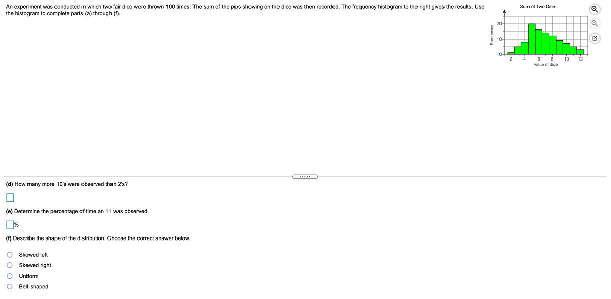 An experiment was conducted in which two fair dice were thrown 100 times. The sum of the pips showing on the dice was then recorded. The frequency histogram to the right gives the results. Use
the histogram to complete parts (a) through (f).
Sum of Two Dice
20-
2
4
6
8
10
12
Value of dice
(d) How many more 10's were observed than 2's?
(e) Determine the percentage of time an 11 was observed.
(f) Describe the shape of the distribution. Choose the correct answer below.
Skewed left
Skewed right
Uniform
Bell-shaped
Frequency
(전
