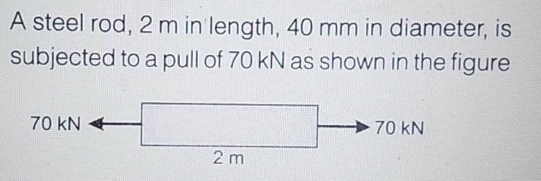 A steel rod, 2 m in length, 40 mm in diameter, is
subjected to a pull of 70 kN as shown in the figure
70 kN
70 kN
2 m
