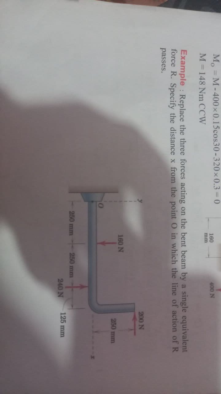 Mo = M-400×0.15cos30-320x 0.3 = 0
160
mm
400 N
M = 148 Nm CCW
Example : Replace the three forces acting on the bent beam by a single equivalent
force R. Specify the distance x from the point O in which the line of action of R
passes.
200 N
160 N
250 mm
250 mm
250 mm
125 mm
240 N
