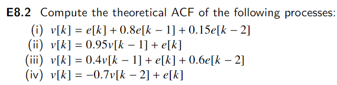 E8.2 Compute the theoretical ACF of the following processes:
- 2]
(i) v[k] = e[k]+ 0.8e[k – 1] + 0.15e[k –
(ii) v[k] = 0.95v[k – 1] + e[k]
(iii) v[k] = 0.4v[k – 1] + e[k] + 0.6e[k – 2]
(iv) v[k] = -0.7v[k – 2] + e[k]
-
