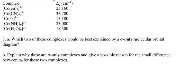 Complex
[Co(en):]+
[Co(CN)}-
[COF6]
[Co(NH;)]*
[Co(H2O),]**
Ao (cm-)
23,160
33,700
13,100
23,000
18,300
3. a. Which two of these complexes would be best explained by a o-only molecular orbital
diagram?
b. Explain why these are o-only complexes and give a possible reason for the small difference
between A, for these two complexes.
