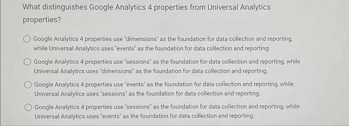 What distinguishes Google Analytics 4 properties from Universal Analytics
properties?
Google Analytics 4 properties use "dimensions" as the foundation for data collection and reporting,
while Universal Analytics uses "events" as the foundation for data collection and reporting.
Google Analytics 4 properties use "sessions" as the foundation for data collection and reporting, while
Universal Analytics uses "dimensions" as the foundation for data collection and reporting.
Google Analytics 4 properties use "events" as the foundation for data collection and reporting, while
Universal Analytics uses "sessions" as the foundation for data collection and reporting.
Google Analytics 4 properties use "sessions" as the foundation for data collection and reporting, while
Universal Analytics uses "events" as the foundation for data collection and reporting.