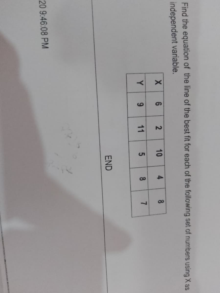 4.
11
Find the equation of the line of the best fit for each of the following set of numbers using X as
independent variable.
10
8.
Y
8
7
END
20 9:46:08 PM
