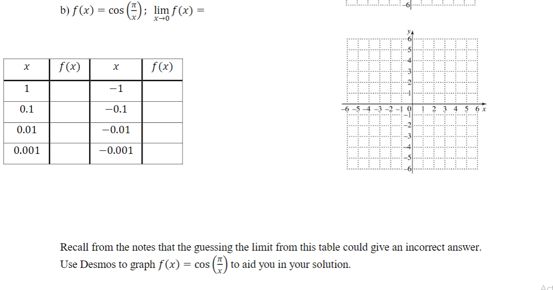 b) f (x) = cos
); lim f (x)
x-0
yA
f(x)
f(x)
1
-1
0.1
-0.1
-6 -5 -4 -3 -2
4 5
6 x
0.01
-0.01
0.001
-0.001
Recall from the notes that the guessing the limit from this table could give an incorrect answer.
Use Desmos to graph f(x)
= cos
s(÷) to aid you in your solution.
