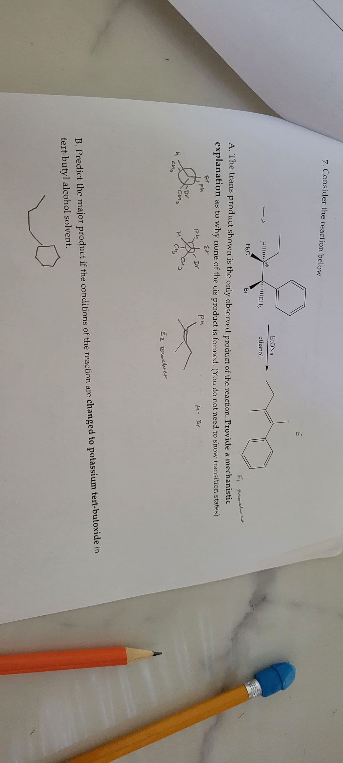 7. Consider the reaction belowbron
и спо
Eg
Ph
HI
DY
си,
H3C
E₁ product
A. The trans product shown is the only observed product of the reaction. Provide a mechanistic
explanation as to why none of the cis product is formed. (You do not need to show transition states)
ри
M- Br
ph
Pho
и
Cn₂
Dr
Br
си
CH3
EtONa
ethanol
10]
Ez product
E
B. Predict the major product if the conditions of the reaction are changed to potassium tert-butoxide in
tert-butyl alcohol solvent.