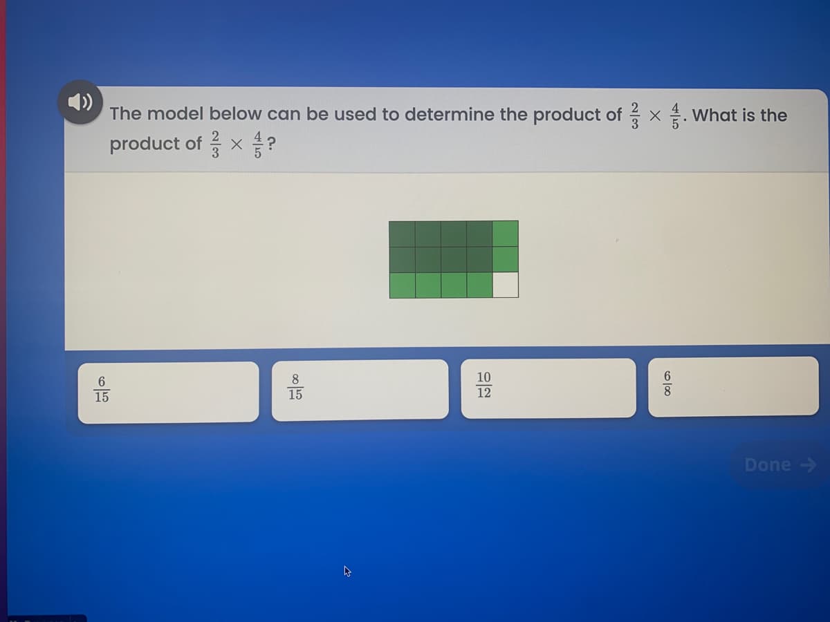 4)
The model below can be used to determine the product of x 4. What is the
product of x
8
15
6.
12
15
Done ->
OIN
