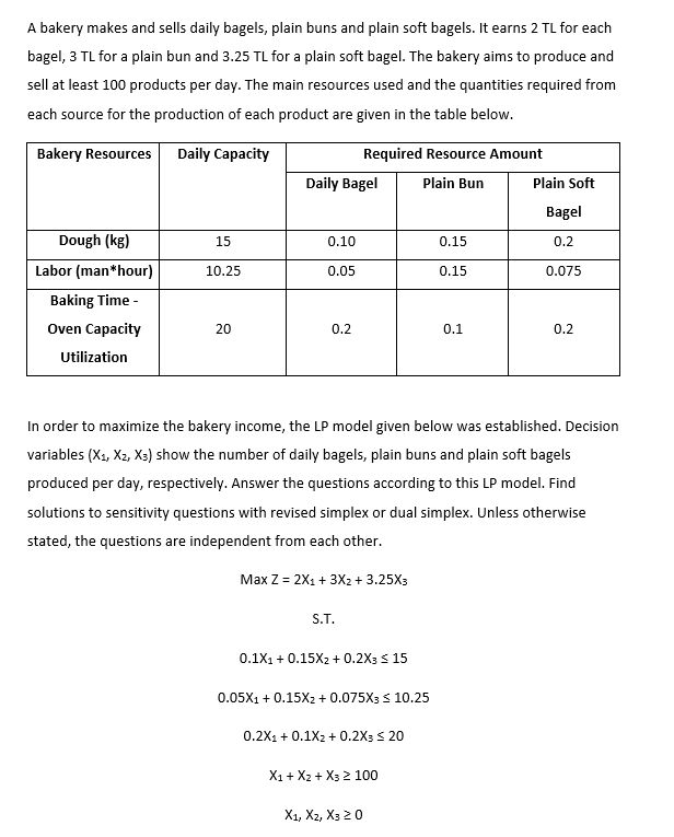 A bakery makes and sells daily bagels, plain buns and plain soft bagels. It earns 2 TL for each
bagel, 3 TL for a plain bun and 3.25 TL for a plain soft bagel. The bakery aims to produce and
sell at least 100 products per day. The main resources used and the quantities required from
each source for the production of each product are given in the table below.
Bakery Resources
Daily Capacity
Required Resource Amount
Daily Bagel
Plain Bun
Plain Soft
Bagel
Dough (kg)
15
0.10
0.15
0.2
Labor (man*hour)
10.25
0.05
0.15
0.075
Baking Time -
Oven Capacity
20
0.2
0.1
0.2
Utilization
In order to maximize the bakery income, the LP model given below was established. Decision
variables (X1, X2, X3) show the number of daily bagels, plain buns and plain soft bagels
produced per day, respectively. Answer the questions according to this LP model. Find
solutions to sensitivity questions with revised simplex or dual simplex. Unless otherwise
stated, the questions are independent from each other.
Max Z = 2X1 + 3X2 + 3.25X3
S.T.
0.1X1 + 0.15X2 + 0.2X3 S 15
0.05X1 + 0.15X2 + 0.075X3 s 10.25
0.2X1 + 0.1X2 + 0.2X3 s 20
X1+ X2 + X3 2 100
Х, Ха, Xз 2 0
