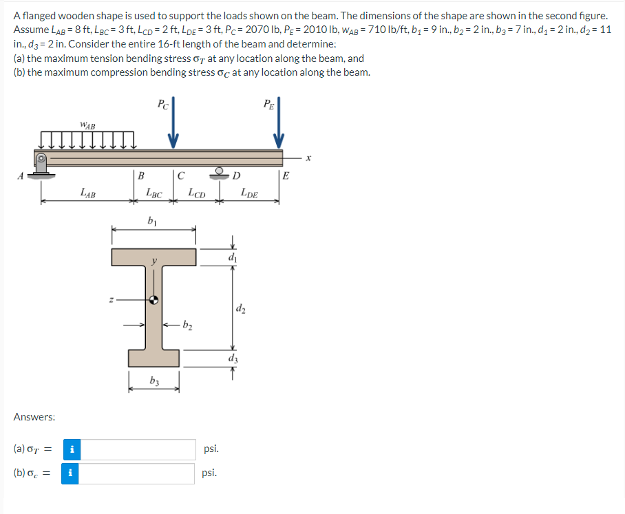 A flanged wooden shape is used to support the loads shown on the beam. The dimensions of the shape are shown in the second figure.
Assume LAB = 8 ft. LBc = 3 ft, LCD = 2 ft, LDE = 3 ft, Pc= 2070 lb, PE = 2010 lb, WAB=710 lb/ft, b₁ = 9 in., b₂ = 2 in., b3 = 7 in., d₁ = 2 in., d₂ = 11
in., d3= 2 in. Consider the entire 16-ft length of the beam and determine:
(a) the maximum tension bending stress or at any location along the beam, and
(b) the maximum compression bending stress oc at any location along the beam.
Answers:
(a) OT =
(b) oc=
Mi
WAB
LAB
N
B
Pc
LBC
b₁
b3
C
LCD
-b₂
psi.
psi.
D
d₁
LDE
d₂
d3
PE
E
x