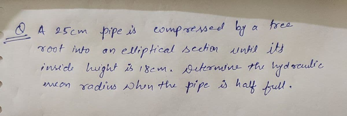 compressed by a free
an elliptical seetion until its
inside huight is 18cma Determine the lydoculíe
meon radius when the pipe is half full .
A 25cm pipe is
root into
